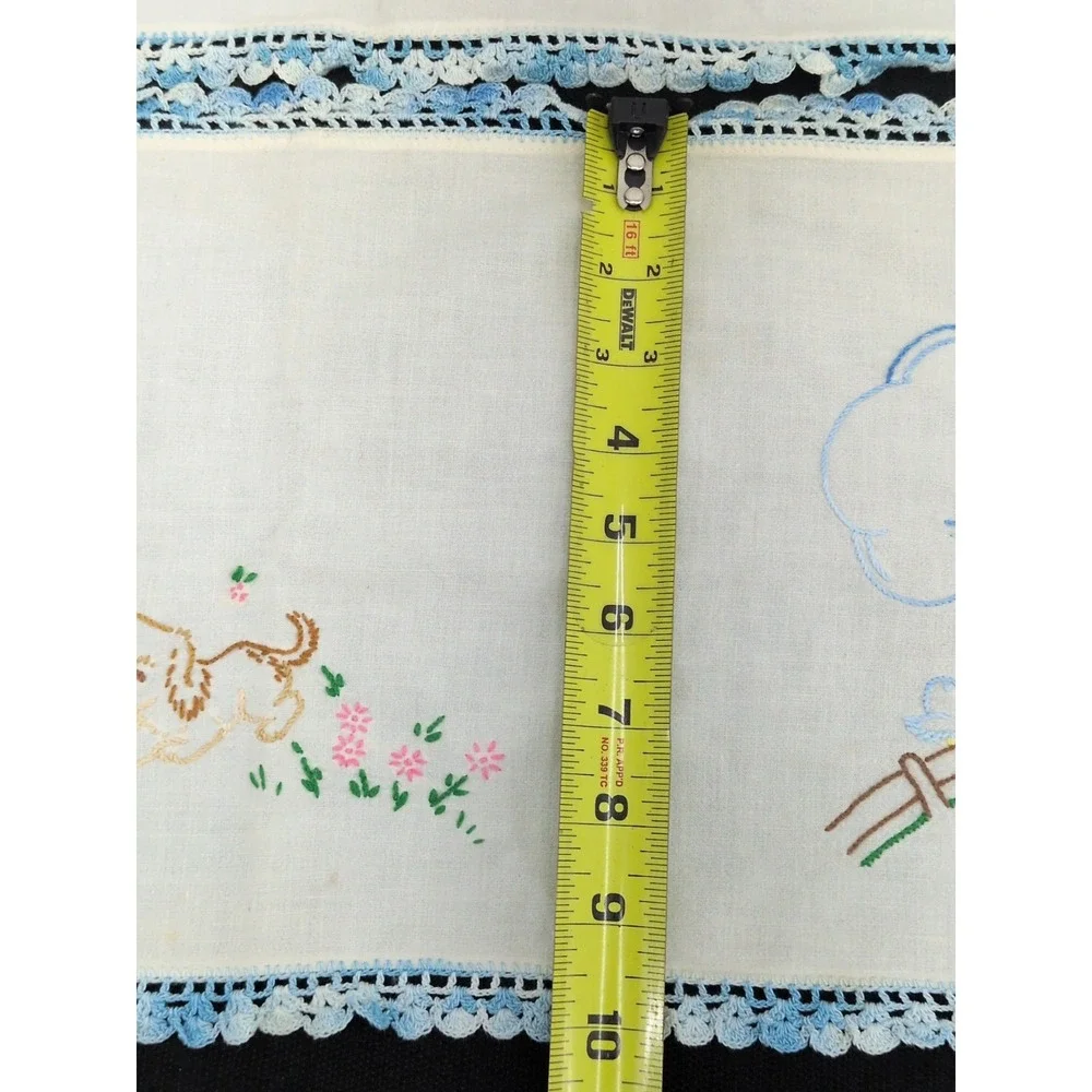 Pair VTG Handmade Embroidered Table Runner Farmhouse Farm Animals Blue Crochet